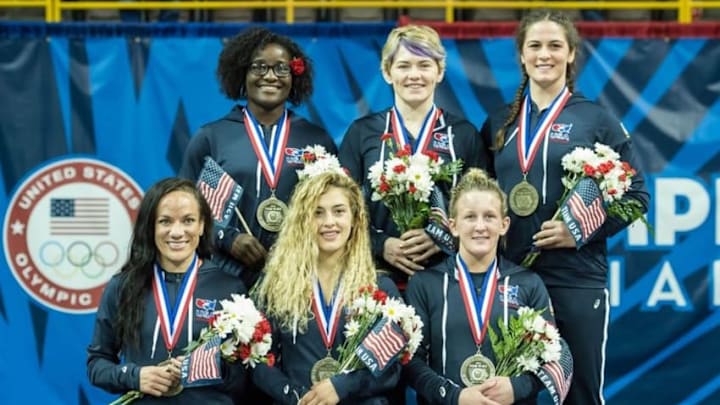 Apr 10, 2016; Iowa City, IA, USA; The U.S. Womens Olympic freestyle team at Carver Hawkeye Arena. Mandatory Credit: Jeffrey Becker-USA TODAY Sports