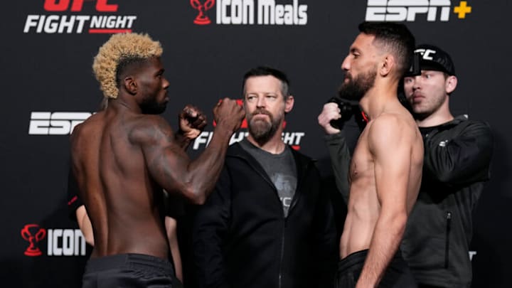 LAS VEGAS, NEVADA - MARCH 11: (L-R) Opponents Trevin Jones of Guam and Javid Basharat of England face off during the UFC Fight Night weigh-in at UFC APEX on March 11, 2022 in Las Vegas, Nevada. (Photo by Chris Unger/Zuffa LLC)