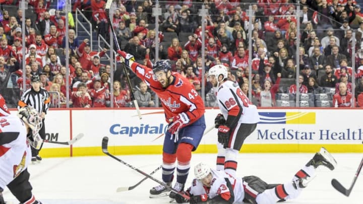 WASHINGTON, DC - FEBRUARY 26: Washington Capitals right wing Tom Wilson (43) scores against Ottawa Senators goaltender Anders Nilsson (31) during first period action at Capital One Arena. (Photo by Jonathan Newton / The Washington Post via Getty Images)