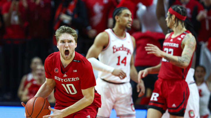 Jan 15, 2023; Piscataway, New Jersey, USA; Rutgers Scarlet Knights guard Cam Spencer (10) reacts after a defensive stop during the second half against the Ohio State Buckeyes at Jersey Mike's Arena. Mandatory Credit: Vincent Carchietta-USA TODAY Sports