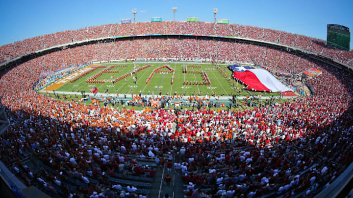 DALLAS, TX - OCTOBER 14: The University of Texas Longhorn Band performs on the field before the football game against the Oklahoma Sooners at Cotton Bowl on October 14, 2017 in Dallas, Texas. (Photo by Richard W. Rodriguez/Getty Images)