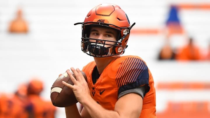 Sep 12, 2015; Syracuse, NY, USA; Syracuse Orange quarterback Eric Dungey (2) warms up prior to the game against the Wake Forest Demon Deacons at the Carrier Dome. Syracuse won 30-17. Mandatory Credit: Rich Barnes-USA TODAY Sports