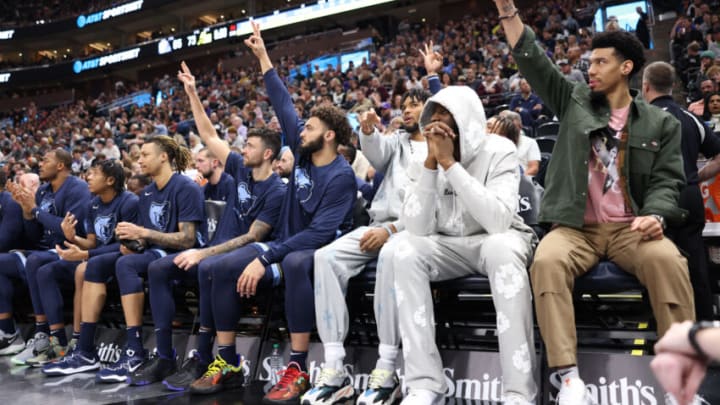 Oct 29, 2022; Salt Lake City, Utah, USA; The Memphis Grizzlies bench reacts to a three point shot against the Utah Jazz in the third quarter at Vivint Arena. Mandatory Credit: Rob Gray-USA TODAY Sports