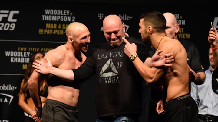 LAS VEGAS, NV - MARCH 03: (L-R) Lando Vannata and David Teymur of Sweden face off during the UFC 209 weigh-in at T-Mobile arena on March 3, 2017 in Las Vegas, Nevada. (Photo by Josh Hedges/Zuffa LLC/Zuffa LLC via Getty Images)