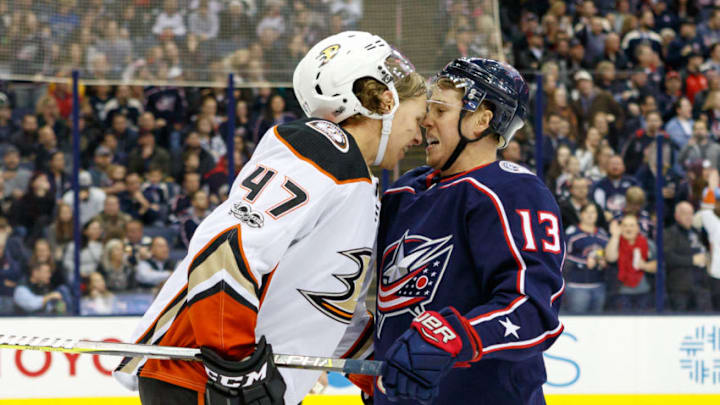 COLUMBUS, OH - DECEMBER 01: Anaheim Ducks defenseman Hampus Lindholm (47) head butts Columbus Blue Jackets right wing Cam Atkinson (13) during the third period in a game between the Columbus Blue Jackets and the Anaheim Ducks on December 01, 2017, at Nationwide Arena in Columbus, OH.(Photo by Adam Lacy/Icon Sportswire via Getty Images)