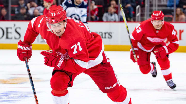 DETROIT, MI - OCTOBER 26: Dylan Larkin #71 of the Detroit Red Wings skates up ice against the Winnipeg Jets during an NHL game at Little Caesars Arena on October 26, 2018 in Detroit, Michigan. The Jets defeated the Wings 2-1. (Photo by Dave Reginek/NHLI via Getty Images)