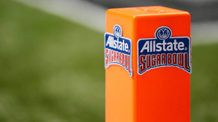 NEW ORLEANS, LA - JANUARY 02: A detail of an end zone scoring pylon is seen with an Allstate Sugar Bowl logo sewn on it prior to the game between the Florida Gators and the Louisville Cardinals at Mercedes-Benz Superdome on January 2, 2013 in New Orleans, Louisiana. (Photo by Kevin C. Cox/Getty Images)