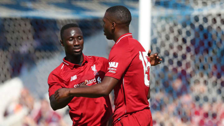 CHESTER, ENGLAND - JULY 07: Daniel Sturridge of Liverpool celebrates with Naby Keita of Liverpool during the Pre-season friendly between Chester FC and Liverpool on July 7, 2018 in Chester, United Kingdom. (Photo by Lynne Cameron/Getty Images)