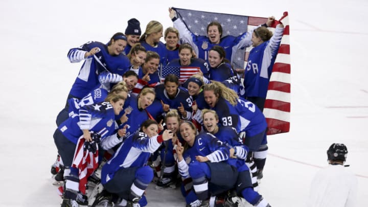 GANGNEUNG, SOUTH KOREA - FEBRUARY 22: Players of Team USA celebrate winning the gold medal after penalty-shot shootout following the Women's Ice Hockey Gold Medal game final between USA and Canada on day thirteen of the PyeongChang 2018 Winter Olympic Games at Gangneung Hockey Centre on February 22, 2018 in Gangneung, South Korea. (Photo by Jean Catuffe/Getty Images)