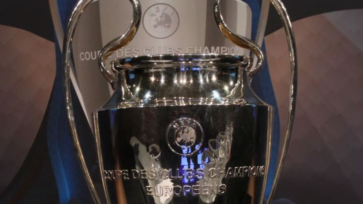 NYON, SWITZERLAND - DECEMBER 12: UEFA Champions League trophy is seen during the draw for the round of 16 of the UEFA Champions League at the UEFA headquarters in Nyon on December 12, 2016. (Photo by Fatih Erel/Anadolu Agency/Getty Images)