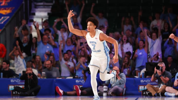 Nov 24, 2023; Paradise Island, BAHAMAS; North Carolina Tar Heels guard Seth Trimble (7) reacts after scoring during the second half against the Arkansas Razorbacks at Imperial Arena. Mandatory Credit: Kevin Jairaj-USA TODAY Sports