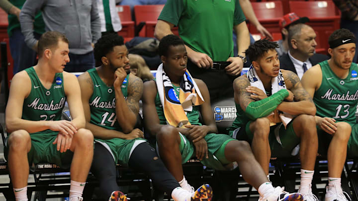 SAN DIEGO, CA – MARCH 18: The Marshall Thundering Herd bench reacts as they watch the end of the second half against the West Virginia Mountaineers during the second round of the 2018 NCAA Men’s Basketball Tournament at Viejas Arena on March 18, 2018 in San Diego, California. The West Virginia Mountaineers won 94-71. (Photo by Sean M. Haffey/Getty Images)