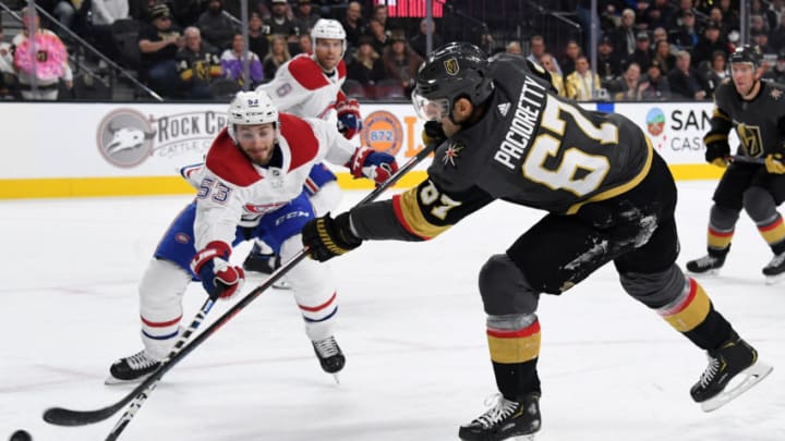 LAS VEGAS, NEVADA - OCTOBER 31: Max Pacioretty #67 of the Vegas Golden Knights takes a shot against Victor Mete #53 of the Montreal Canadiens in the second period of their game at T-Mobile Arena on October 31, 2019 in Las Vegas, Nevada. The Canadiens defeated the Golden Knights 5-4 in overtime. (Photo by Ethan Miller/Getty Images)