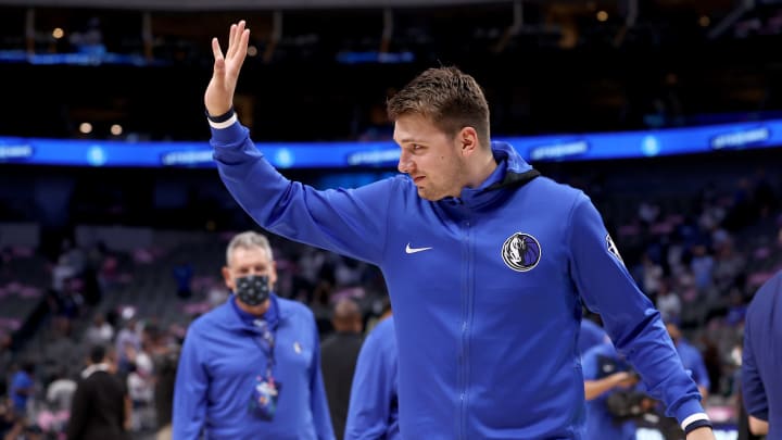 DALLAS, TEXAS – OCTOBER 06: Luka Doncic #77 of the Dallas Mavericks walks off the court after the Dallas Mavericks beat the Utah Jazz 111-101 in a preseason NBA game at American Airlines Center on October 06, 2021 in Dallas, Texas. NOTE TO USER: User expressly acknowledges and agrees that, by downloading and or using this photograph, User is consenting to the terms and conditions of the Getty Images License Agreement. (Photo by Tom Pennington/Getty Images)