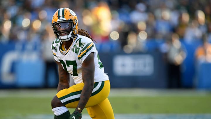 CARSON, CALIFORNIA - NOVEMBER 03: Tremon Smith #27 of the Green Bay Packers reacts after he is tackled on a kick return during the third quarter in a 26-11 Los Angeles Chargers win at Dignity Health Sports Park on November 03, 2019 in Carson, California. (Photo by Harry How/Getty Images)