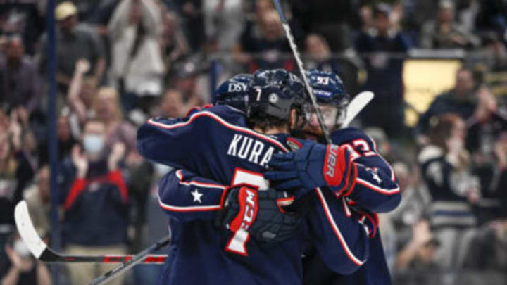 Apr 24, 2022; Columbus, Ohio, USA; Columbus Blue Jackets left wing Eric Robinson (50) celebrates a goal with teammates in the first period against the Edmonton Oilers at Nationwide Arena. Mandatory Credit: Gaelen Morse-USA TODAY Sports