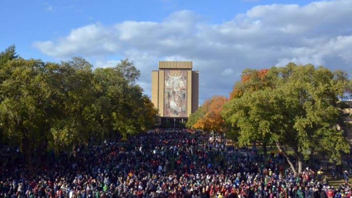 Oct 17, 2015; South Bend, IN, USA; General view of the Touchdown Jesus word of life mural on the facade of the Hesburgh Library on the campus of Notre Dame. Mandatory Credit: Kirby Lee-USA TODAY Sports