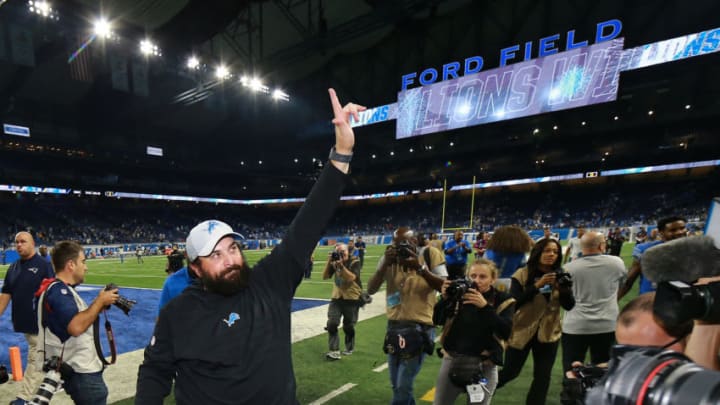 DETROIT, MI - SEPTEMBER 23: Head coach Matt Patricia of the Detroit Lions after the Lions waves to the crowd after defeating the Patriots 26-10 sat Ford Field on September 23, 2018 in Detroit, Michigan. (Photo by Rey Del Rio/Getty Images)