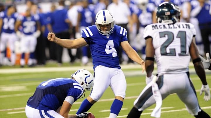 Aug 27, 2016; Indianapolis, IN, USA; Indianapolis Colts kicker Adam Vinatieri (4) kicks a field goal in the first half against the Philadelphia Eagles at Lucas Oil Stadium. Mandatory Credit: Thomas J. Russo-USA TODAY Sports