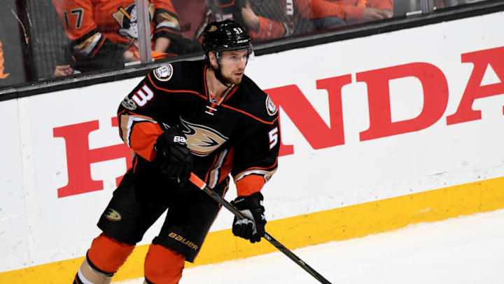 ANAHEIM, CA - APRIL 28: Shea Theodore #53 of the Anaheim Ducks handles the puck during the game against the Edmonton Oilers in Game Two of the Western Conference Second Round during the 2017 NHL Stanley Cup Playoffs at Honda Center on April 28, 2017 in Anaheim, California. (Photo by Robert Binder/NHLI via Getty Images) *** Local Caption ***