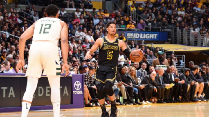 LOS ANGELES, CA – MARCH 30: Josh Hart #5 of the Los Angeles Lakers handles the ball during the game against the Milwaukee Bucks on March 30, 2018 at STAPLES Center in Los Angeles, California. NOTE TO USER: User expressly acknowledges and agrees that, by downloading and/or using this Photograph, user is consenting to the terms and conditions of the Getty Images License Agreement. Mandatory Copyright Notice: Copyright 2018 NBAE (Photo by Andrew D. Bernstein/NBAE via Getty Images)