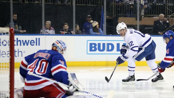 NEW YORK, NEW YORK - FEBRUARY 10: Alexandar Georgiev #40 of the New York Rangers kicks out a third period shot from Patrick Marleau #12 of the Toronto Maple Leafs at Madison Square Garden on February 10, 2019 in New York City. The Rangers defeated the Maple Leafs 4-1. (Photo by Bruce Bennett/Getty Images)