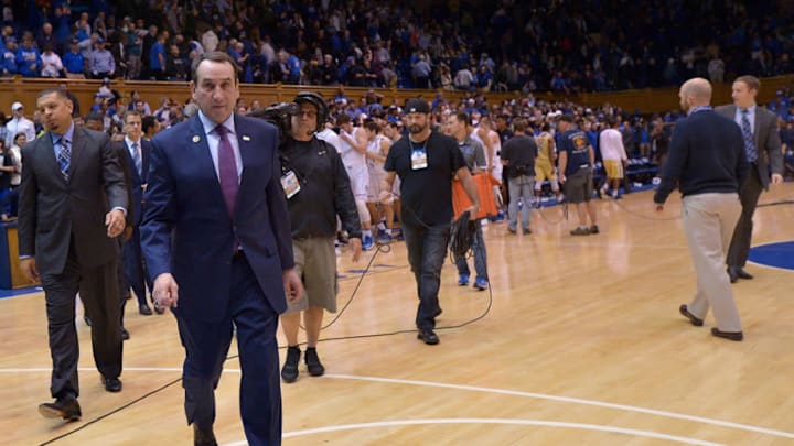 DURHAM, NC - JANUARY 04: Associate head coach Jeff Capel walks behind head coach Mike Krzyzewski of the Duke Blue Devils as they leave the floor after the game against the Georgia Tech Yellow Jackets at Cameron Indoor Stadium on January 4, 2017 in Durham, North Carolina. Duke won 110-57. (Photo by Grant Halverson/Getty Images)