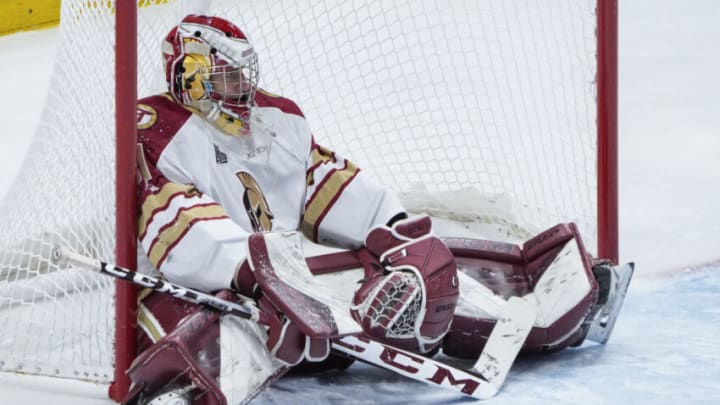 QUEBEC CITY, QC - OCTOBER 27: Jan Bednar #31 of the Acadie-Bathurst Titan reacts after conceding a goal to Nathan Gaucher #91 of the Quebec Remparts during their QMJHL hockey game at the Videotron Center on October 27, 2021 in Quebec City, Quebec, Canada. (Photo by Mathieu Belanger/Getty Images)