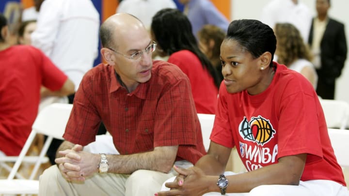 WASHINGTON – JULY 14: (L-R) NBA Deputy Commissioner Adam Silver talks with Alana Beard #20 of the Washington Mystics during the WNBA Nike Court Refurbishment press conference on July 14, 2007 at the Boys and Girls Club Clubhouse 14 in Washington, DC. NOTE TO USER: User expressly acknowledges and agrees that, by downloading and or using this Photograph, User is consenting to the terms and conditions of the Getty Images License Agreement. Mandatory Copyright Notice: Copyright 2007 NBAE (Photo by Ned Dishman/NBAE via Getty Images)