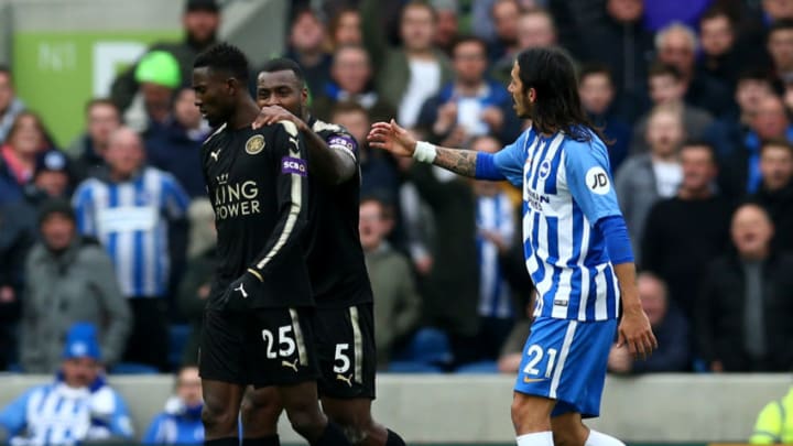 BRIGHTON, ENGLAND - MARCH 31: Wilfred Ndidi of Leicester City is sent off during the Premier League match between Brighton and Hove Albion and Leicester City at Amex Stadium on March 31, 2018 in Brighton, England. (Photo by Steve Bardens/Getty Images)