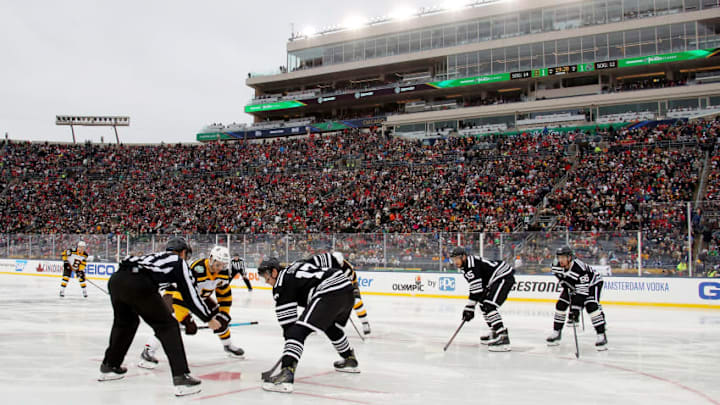 Fantasy Hockey: SOUTH BEND, INDIANA - JANUARY 01: David Krejci #46 of the Boston Bruins and Dylan Strome #17 of the Chicago Blackhawks face off in the second period during the 2019 Bridgestone NHL Winter Classic at Notre Dame Stadium on January 01, 2019 in South Bend, Indiana. (Photo by Gregory Shamus/Getty Images)