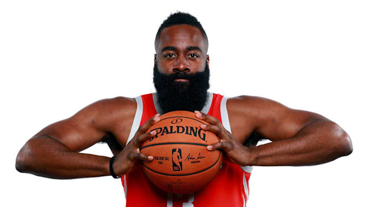 HOUSTON, TX - SEPTEMBER 24: James Harden #13 of the Houston Rockets poses for a portrait during the Houston Rockets Media Day at The Post Oak Hotel at Uptown Houston on September 24, 2018 in Houston, Texas. NOTE TO USER: User expressly acknowledges and agrees that, by downloading and or using this photograph, User is consenting to the terms and conditions of the Getty Images License Agreement. (Photo by Tom Pennington/Getty Images)