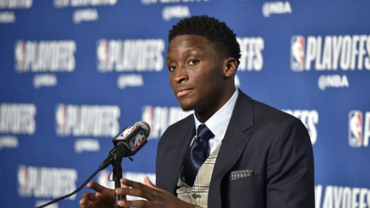 CLEVELAND, OH - APRIL 25: Victor Oladipo #4 of the Indiana Pacers speaks with the media during a press conference after the game against the Cleveland Cavaliers in Game Five of Round One of the 2018 NBA Playoffs between the Indiana Pacers and Cleveland Cavaliers on April 25, 2018 at Quicken Loans Arena in Cleveland, Ohio. NOTE TO USER: User expressly acknowledges and agrees that, by downloading and/or using this Photograph, user is consenting to the terms and conditions of the Getty Images License Agreement. Mandatory Copyright Notice: Copyright 2018 NBAE (Photo by David Liam Kyle/NBAE via Getty Images)