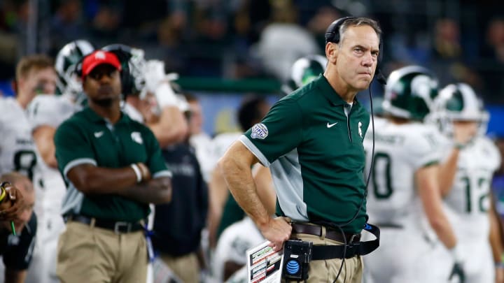 ARLINGTON, TX – DECEMBER 31: Head coach Mark Dantonio of the Michigan State Spartans reacts in the second half against the Alabama Crimson Tide during the Goodyear Cotton Bowl at AT&T Stadium on December 31, 2015 in Arlington, Texas. (Photo by Scott Halleran/Getty Images)