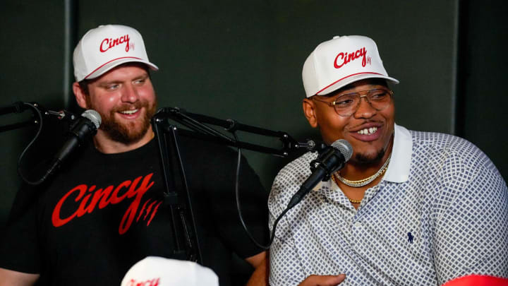 Cincinnati Bengals center Ted Karras and Bengals offensive tackle Orlando Brown were guests for a live recording of The Enquirer’s Bengals Beat Podcast at the Holy Grail at The Banks Friday, May 19, 2023.