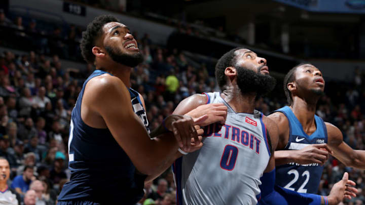 MINNEAPOLIS, MN - DECEMBER 19: Karl-Anthony Towns #32 of the Minnesota Timberwolves and Andre Drummond #0 of the Detroit Pistons. Copyright 2018 NBAE (Photo by David Sherman/NBAE via Getty Images)