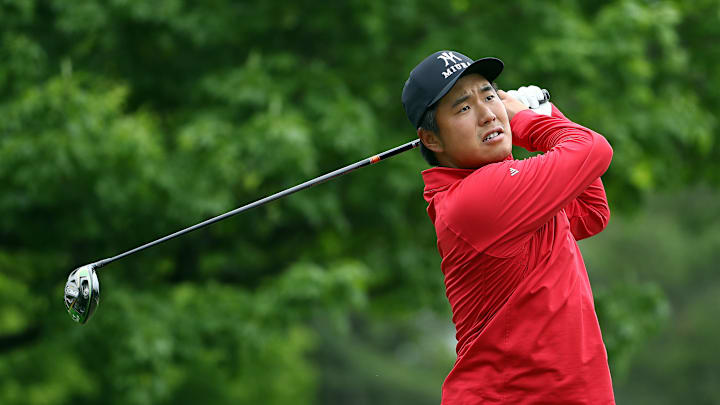 KANSAS CITY, KANSAS – MAY 11: Motin Yeung of China hits his first shot on the 4th hole during the third round of the Web.com Tour KC Golf Classic on May 11, 2019 in Kansas City, Missouri. (Photo by Jamie Squire/Getty Images)