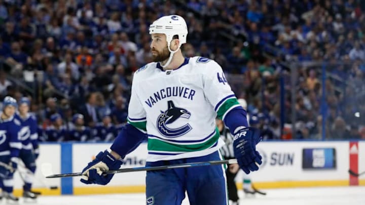 TAMPA, FL - FEBRUARY 08: Vancouver Canucks defenseman Erik Gudbranson (44) skates in the second period of the NHL game between the Vancouver Canucks and Tampa Bay Lightning on February 08, 2018 at Amalie Arena in Tampa, FL. (Photo by Mark LoMoglio/Icon Sportswire via Getty Images)