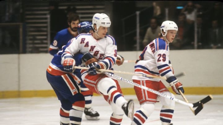 Rob McCLanahan #9 of the New York Rangers skates against the New York Islanders