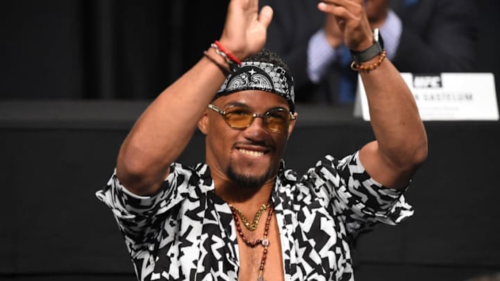 DALLAS, TX - MAY 12: Kevin Lee smiles at the crowd during the UFC Summer Kickoff Press Conference at the American Airlines Center on May 12, 2017 in Dallas, Texas. (Photo by Josh Hedges/Zuffa LLC/Zuffa LLC via Getty Images)