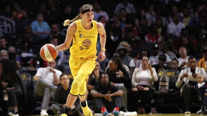 LOS ANGELES, CALIFORNIA - SEPTEMBER 05: Guard Sydney Wiese #24 of the Los Angeles Sparks handles the ball in the game against the Seattle Storm at Staples Center on September 05, 2019 in Los Angeles, California. NOTE TO USER: User expressly acknowledges and agrees that, by downloading and or using this photograph, User is consenting to the terms and conditions of the Getty Images License Agreement. (Photo by Meg Oliphant/Getty Images)