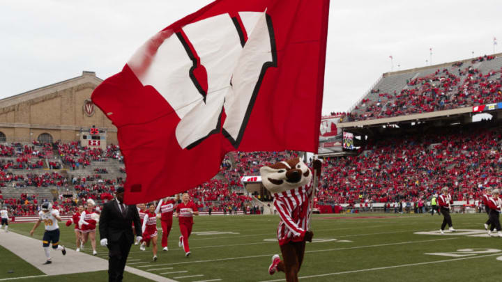 Oct 5, 2019; Madison, WI, USA; Wisconsin Badgers mascot Bucky Badger carries the Wisconsin flag prior to? the game against the Kent State Golden Flashes at Camp Randall Stadium. Mandatory Credit: Jeff Hanisch-USA TODAY Sports