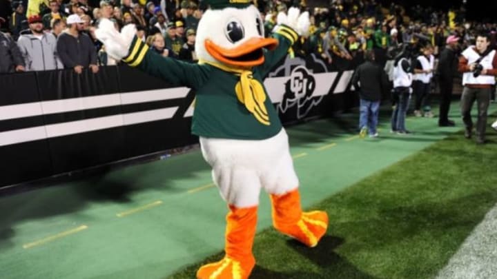 Oct 5, 2013; Boulder, CO, USA; Oregon Ducks mascot The Duck reacts following the win over the Colorado Buffaloes at Folsom Field. The Ducks defeated the Buffaloes 57-16. Mandatory Credit: Ron Chenoy-USA TODAY Sports