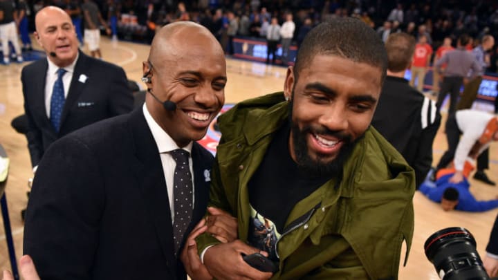 NEW YORK, NY - DECEMBER 06: ESPN college basketball analyst Jay Williams (L) and Kyrie Irving of the Cleveland Cavaliers pose for a photo during the Jimmy V Classic at Madison Square Garden on December 6, 2016 in New York City. (Photo by Lance King/Getty Images)