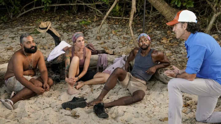 “The Third Turd” – Tribes must weave their way through the reward challenge to earn power in the game. Also, one person from each tribe is chosen to go on a journey, but there’s a catch, on SURVIVOR, Wednesday, March 29, (8:00-9:00 PM, ET/PT) on the CBS Television Network, and available to stream live and on demand on Paramount+. Pictured (L-R): Yamil “Yam Yam” Arocho, Carolyn Wiger, Josh Wilder, and Jeff Probst. Photo: Robert Voets/CBS ©2022 CBS Broadcasting, Inc. All Rights Reserved