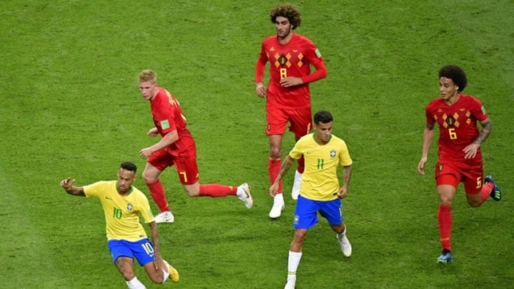 KAZAN, RUSSIA - JULY 6 : Neymar forward of Brazil and Philippe Coutinho midfielder of Brazil battles for the ball with Kevin De Bruyne forward of Belgium, Marouane Fellaini midfielder of Belgium and Axel Witsel midfielder of Belgium during the FIFA 2018 World Cup Russia Quarter-final match between Brazil and Belgium at the Kazan Arena Stadium on July 06, 2018 in Kazan, Russia, 6/07/2018 ( Photo by Peter De Voecht / Photonews via Getty Images)