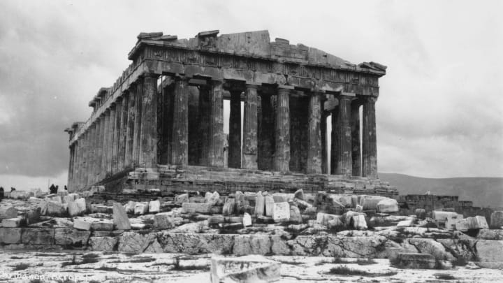 circa 1960: The ruins of the Parthenon a Doric temple built for Athene, goddess of wisdom during the golden age of Athens, 5th century BC, under the rule of the Athenian statesman Pericles. (Photo by Hulton Archive/Getty Images)