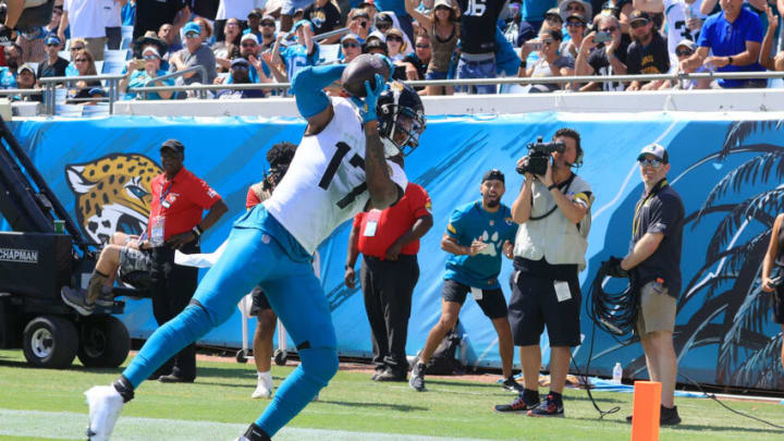 JACKSONVILLE, FLORIDA - SEPTEMBER 26: D.J. Chark #17 of the Jacksonville Jaguars catches the ball for a touchdown during the second quarter in the game against the Arizona Cardinals at TIAA Bank Field on September 26, 2021 in Jacksonville, Florida. (Photo by Sam Greenwood/Getty Images)