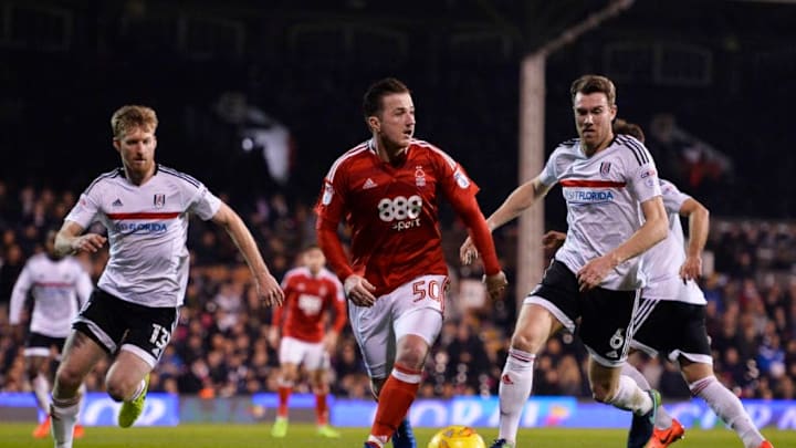 LONDON, ENGLAND - FEBRUARY 14: Ross McCormack of Nottingham Forest and Tim Ream of Fulham in action during the Sky Bet Championship match between Fulham and Nottingham Forest at Craven Cottage on February 14, 2017 in London, England. (Photo by Justin Setterfield/Getty Images)