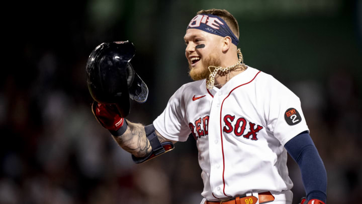 BOSTON, MA – JULY 9: Alex Verdugo #99 of the Boston Red Sox reacts after hitting a walk-off two-run single during the tenth inning of a game against the New York Yankees on July 9, 2022 at Fenway Park in Boston, Massachusetts. (Photo by Maddie Malhotra/Boston Red Sox/Getty Images)